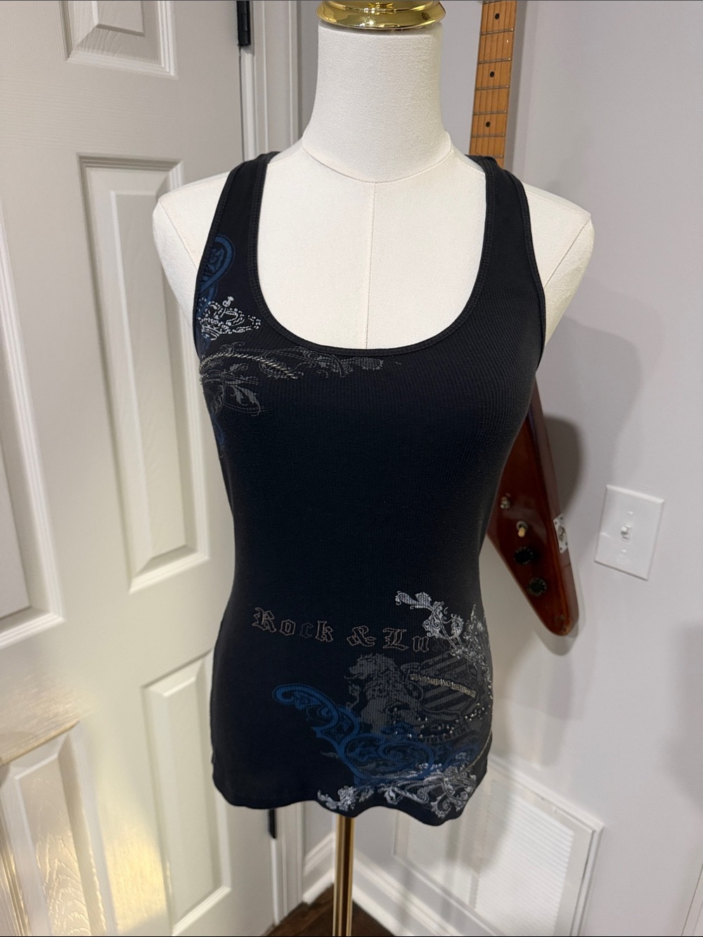 Express Black Racerback Tank Top with Blue & Silver Graphic